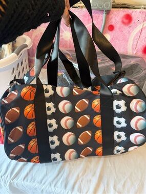 Kids Black Sports-Print Duffel Bag with Ball Graphics